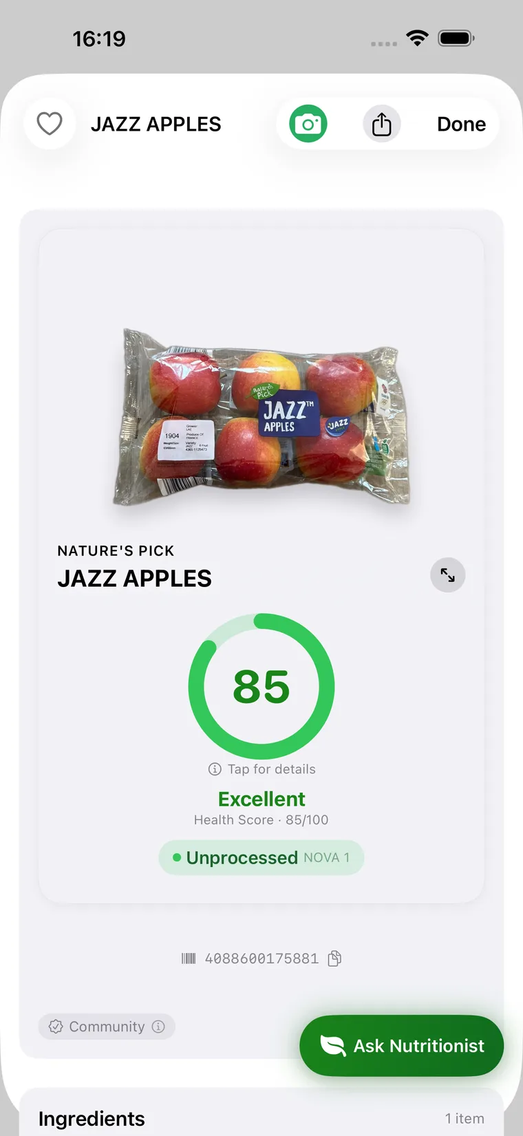 Cull scoring a bag of Jazz apples 85 out of 100, unprocessed NOVA 1