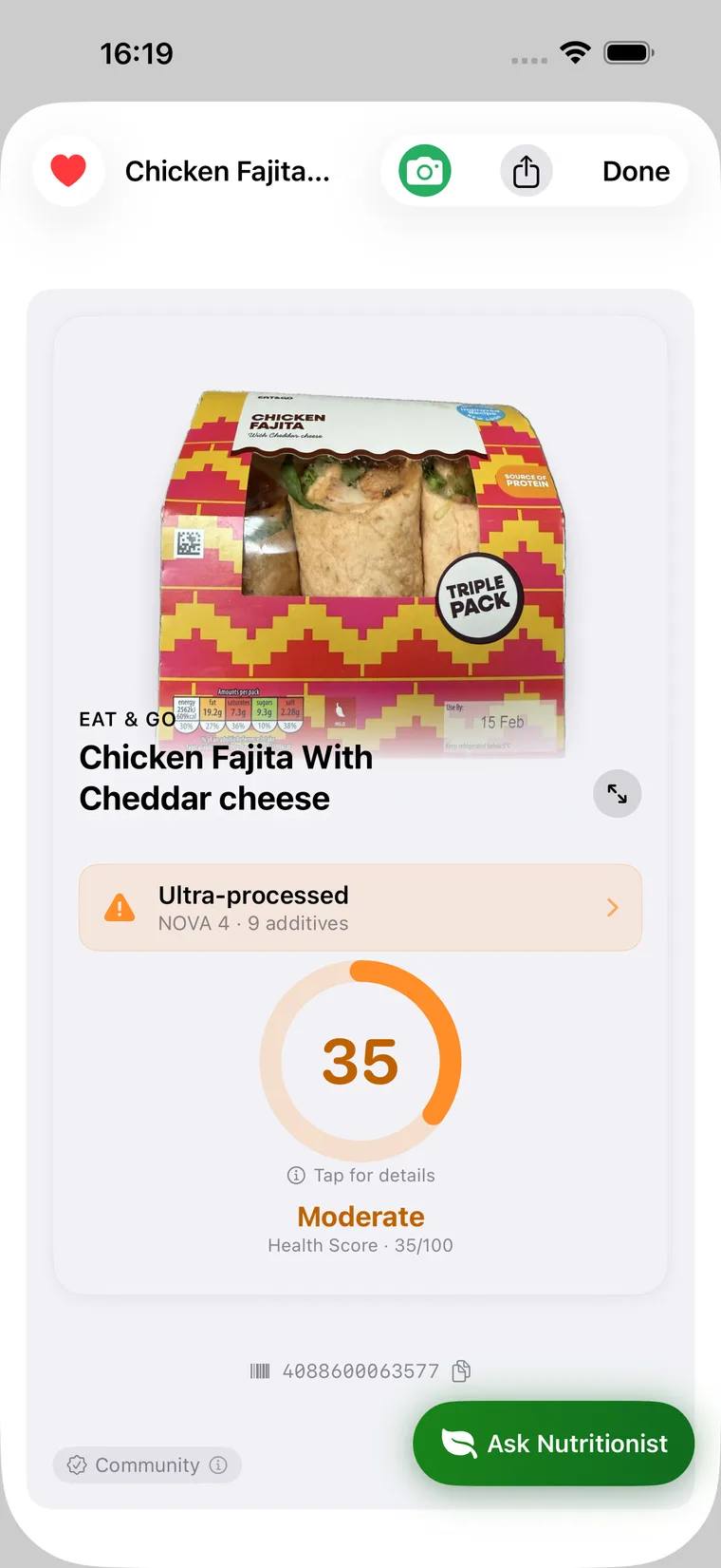 Cull flagging a chicken fajita wrap as ultra-processed, NOVA 4 with 9 additives, health score 35