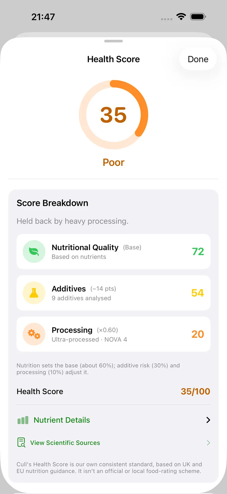 Health score breakdown showing nutritional quality, additives, and processing
