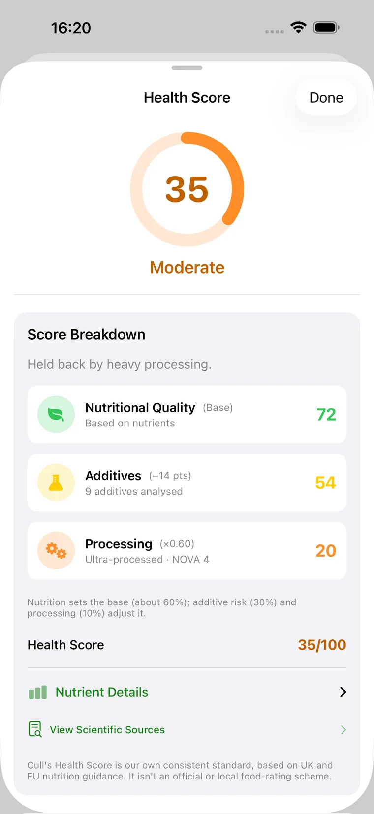 Health score breakdown showing nutritional quality, additives, and processing