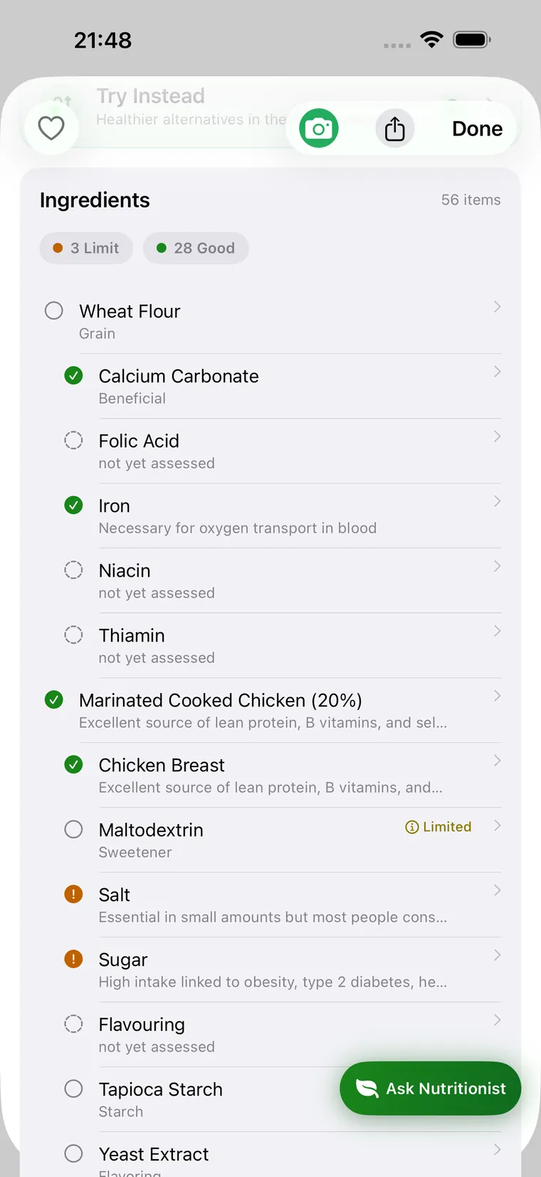 Cull ingredient analysis flagging additives and allergens on iPhone