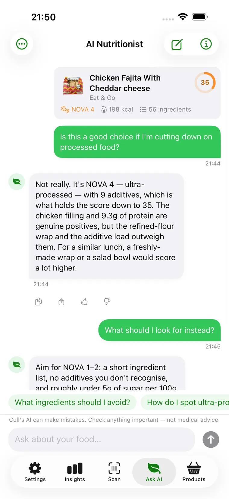 Cull's AI Nutritionist explaining why a NOVA 4 ready meal scores 35 and what to look for instead